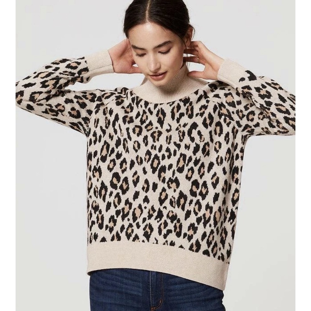 Loft Women's Tan Animal Print Wool Blend Mock Neck Funnel Neck Cozy Sweater Sz M